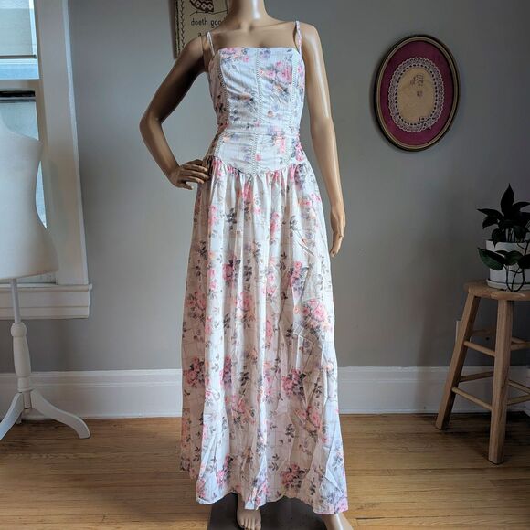NWOT Floral Maxi Dress Drop Waist Gown Pink Cottagecore Size Medium - Picture 10 of 11